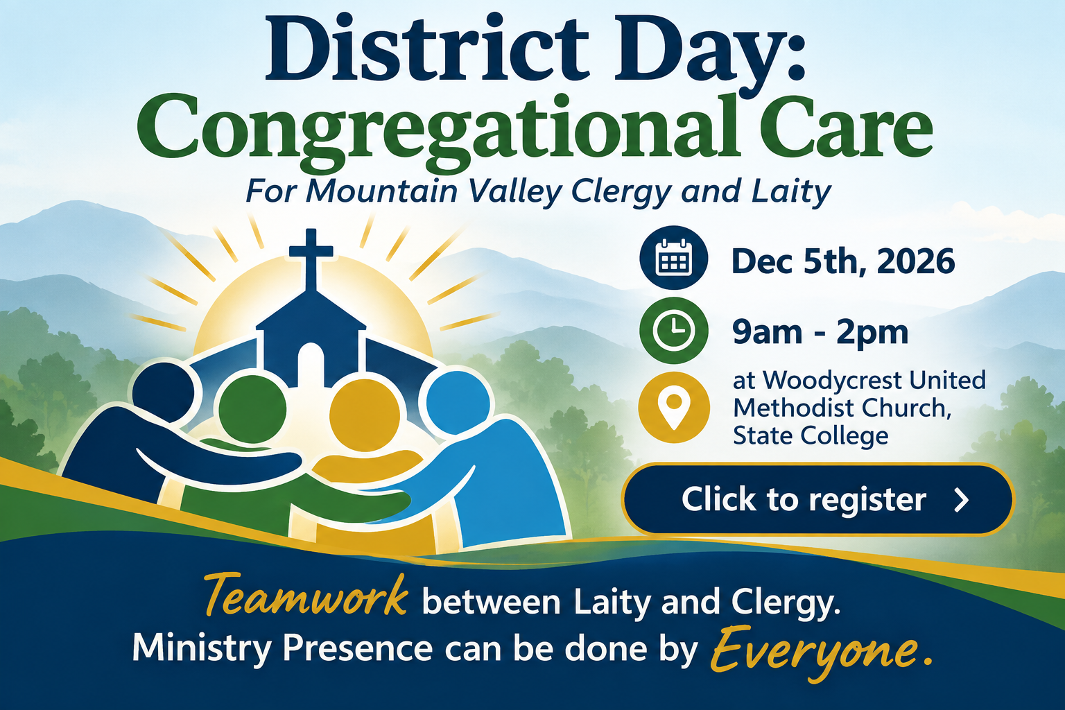 District Day: Congregational Care is December 5 from 9am to 2pm at Woodycrest UMC in State College. Click to sign up.